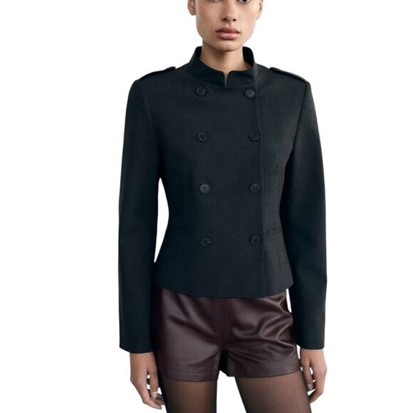 Zara Fitted Blazer Jacket with Tabs Medium Dark Gray Academia Double Breasted - Picture 2 of 16